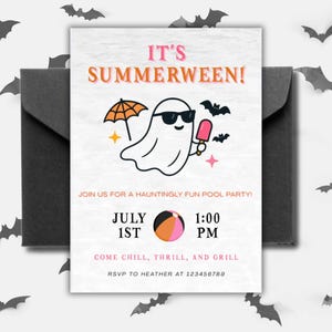 May include: A white invitation card with the text "IT'S SUMMERWEEN!" and a cartoon ghost wearing sunglasses, holding a popsicle, and surrounded by bats. The card is in a black envelope, with bat cutouts scattered around.