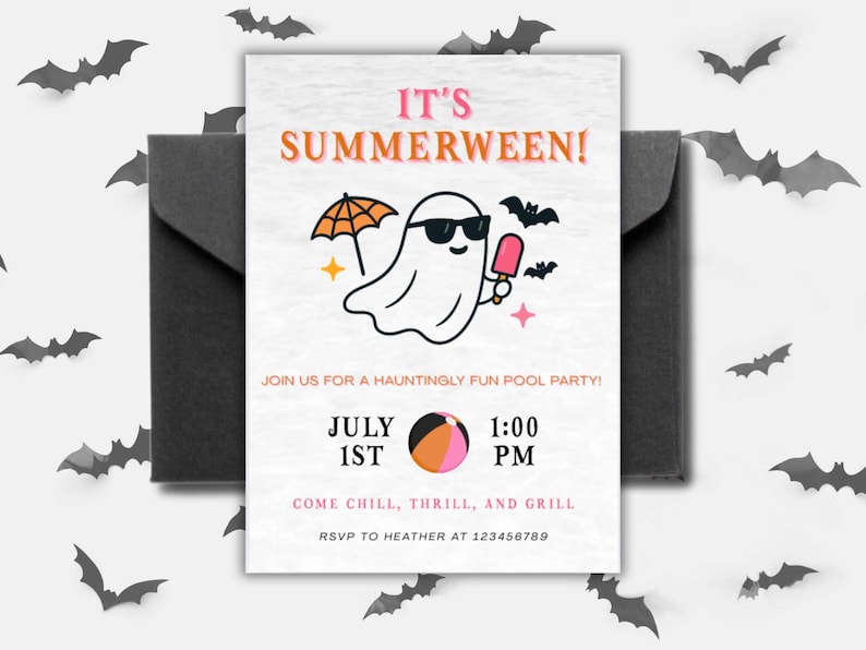 May include: A white invitation card with the text "IT'S SUMMERWEEN!" and a cartoon ghost wearing sunglasses, holding a popsicle, and surrounded by bats. The card is in a black envelope, with bat cutouts scattered around.