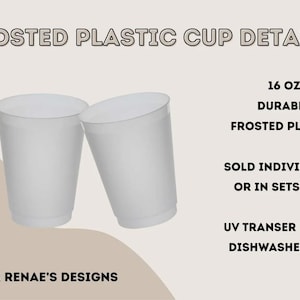 Peut inclure: Deux gobelets en plastique givr&eacute;, chacun contenant environ 473 ml. L'image comprend le texte &laquo;&nbsp;D&eacute;tails du gobelet en plastique givr&eacute;&nbsp;&raquo;, &laquo;&nbsp;Plastique givr&eacute; durable&nbsp;&raquo; et &laquo;&nbsp;Heather Renae's Designs&nbsp;&raquo;. Les gobelets sont vendus individuellement ou par lots de 10.