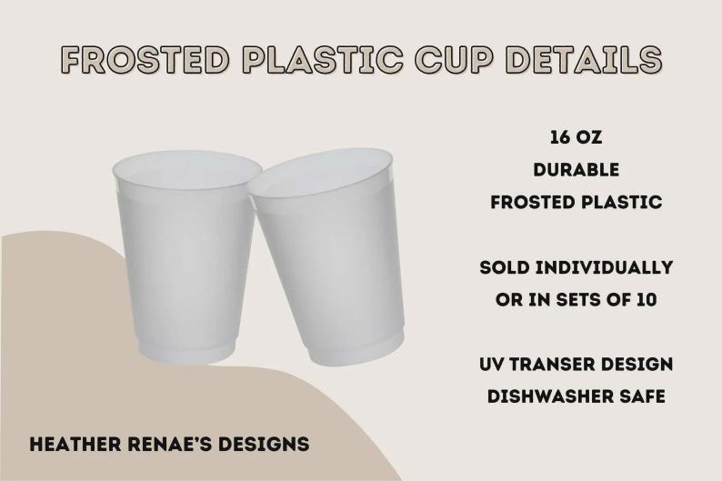 Peut inclure: Deux gobelets en plastique givr&eacute;, chacun contenant environ 473 ml. L'image comprend le texte &laquo;&nbsp;D&eacute;tails du gobelet en plastique givr&eacute;&nbsp;&raquo;, &laquo;&nbsp;Plastique givr&eacute; durable&nbsp;&raquo; et &laquo;&nbsp;Heather Renae's Designs&nbsp;&raquo;. Les gobelets sont vendus individuellement ou par lots de 10.