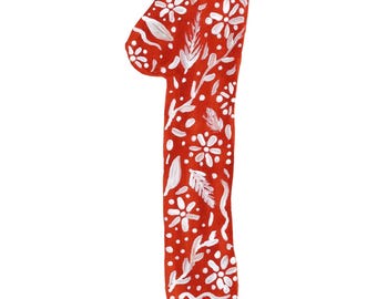 Hand Painted Watercolor Number with Floral Design