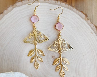 Forest Flutters | Morganite and Quartz Leaf Vine Butterfly Magical Goddess Hippie Celestial Boho Witchy Earthy Earrings