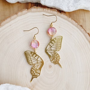 Fairy Tales | Morganite and Quartz Butterfly Wing Delicate Intricate Nature Earthy Witchy Boho Hippie Earrings