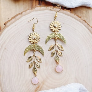 Room to Grow | Rose Quartz Drops Leaf Vine Flower Power Hammered Moons Celestial Nature Earthy Witchy Boho Hippie Earrings