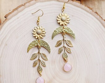 Room to Grow | Rose Quartz Drops Leaf Vine Flower Power Hammered Moons Celestial Nature Earthy Witchy Boho Hippie Earrings