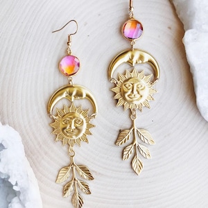Sunset Dreams | Leafy Sun Moon Citrine and Quartz Magical Hippie Celestial Boho Witchy Earthy Earrings