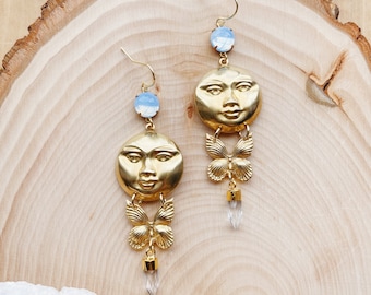 Sisters of the Moon | Crystal Quartz Vlinder Statement Hoops Moon Celestial Nature Earthy Sky Witchy oorbellen