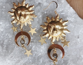 Labradorite Sun Earrings | Raw Brass, Moon & Star Dangle