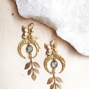Midnight Garden | Labradorite Hammered Moon Butterfly Leaf Vine Nature Witchy Earthy Healing Earrings