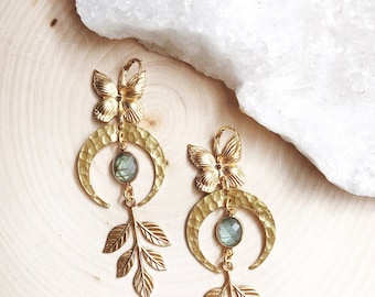 Midnight Garden | Labradorite Hammered Moon Butterfly Leaf Vine Nature Witchy Earthy Healing Earrings