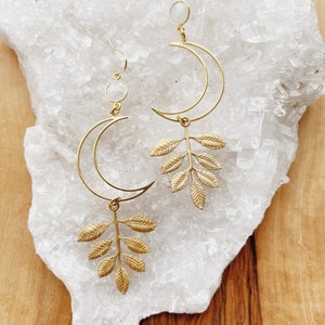 Equinox | Moonstone Sun Earrings, Raw Brass Leaves, Gold Plated Moons, Nickel-Free Ear Hooks, Certified Moonstone, with Gift Box
