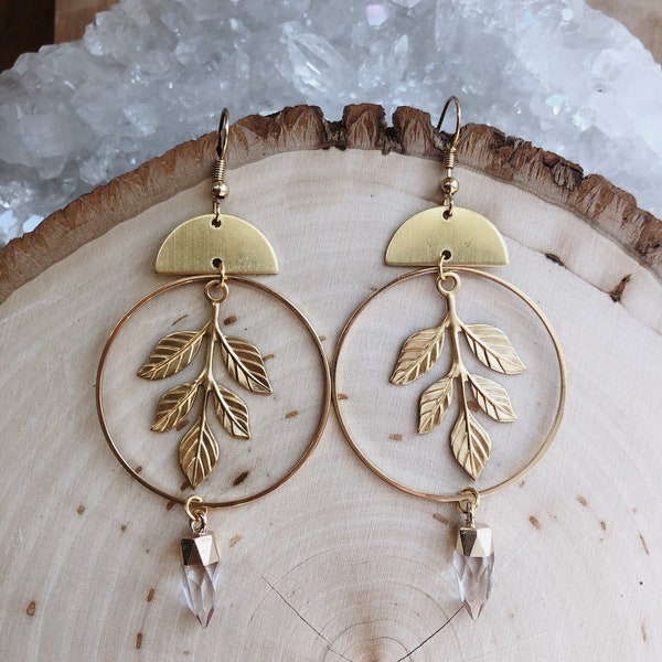 Under the Same Sun | Crystal Quartz Points Leaf Vine Statement Hoops Moon Celestial Nature Witchy Hippie Boho Earrings