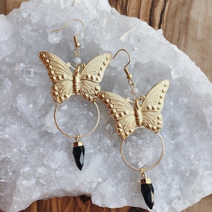 From Ashes | Black Onyx Floating Butterfly Hoops Nature Witchy Hippie Boho Earthy Earrings