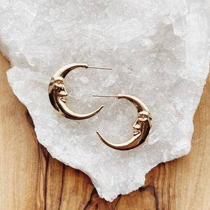 In the Light of the Moon: Gold Moon Face Hoop Earrings | 18k Gold Plated | Minimalist Celestial Jewelry for Everyday Wear