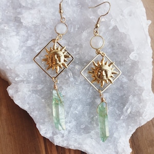 Awakened | Moonstone and Green Quartz Sun Summer Celestial Good Vibes Sunshine Earrings