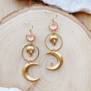 Transcendence | Morganite and Quartz Moon Mushroom Magical Goddess Hippie Celestial Boho Witchy Earthy Earrings
