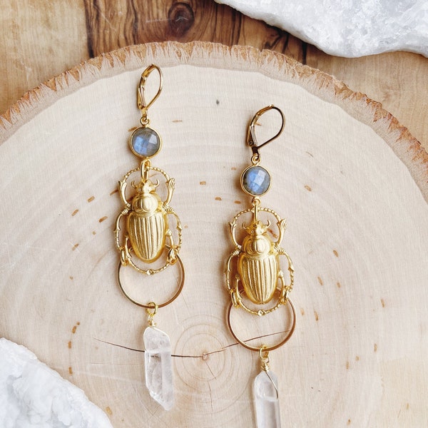 Ammulet of Immortality | Crystal Quartz Labradorite Scarab Beetle Nature Earthy Witchy Earrings