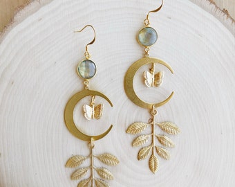 Ivy's Moon | Labradorite Leaf Vine Moon Butterfly Nature Earthy Goddess Hippie Boho Earrings