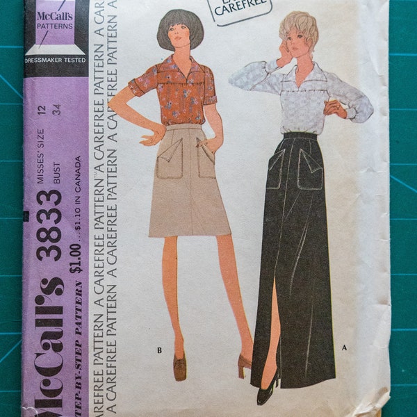 Vintage McCall's Blouse and Knee-length/Long Skirt Sewing Pattern with Patch Pockets | McCall's Pattern 3833 | 1970s | Size 12 Bust 34