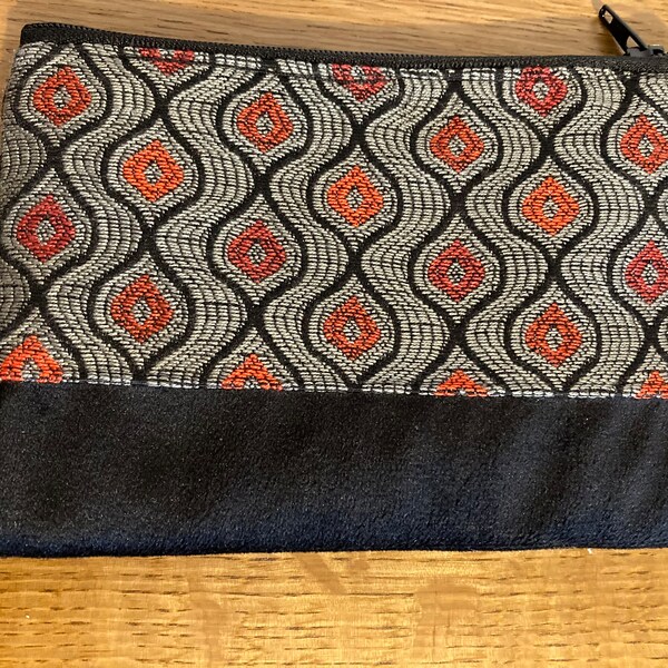 Art Deco Mini makeup bag made from black and red fabric with black velvet trim. Small Handmade makeup bag. Coin purse or sanitary pouch