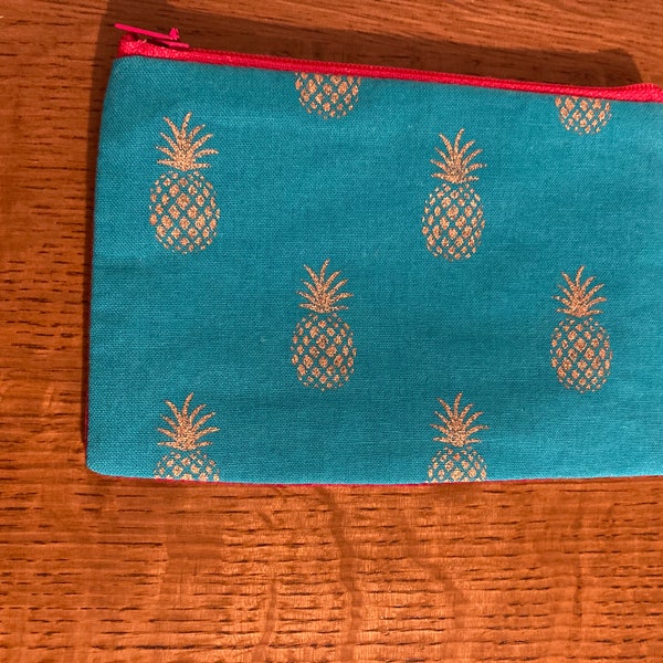 Gold pineapple design coin purse with pink velvet back. Handmade in cotton and velvet fabric