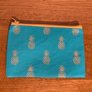 Metallic print mini makeup bags. Leopard, palm trees, pineapples. Leaves. Handmade Cosmetic brush bag, Coin purse, sanitary pouch. Aqua pineapple