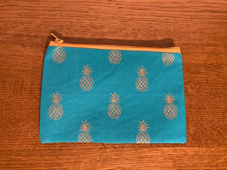 Metallic print mini makeup bags. Leopard, palm trees, pineapples. Leaves. Handmade Cosmetic brush bag, Coin purse, sanitary pouch. Aqua pineapple