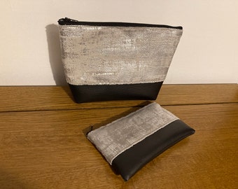 Metallic silver on grey velvet makeup bag or mini makeup bag with faux leather or black velvet trim. Handmade Cosmetic bag, sanitary bag.