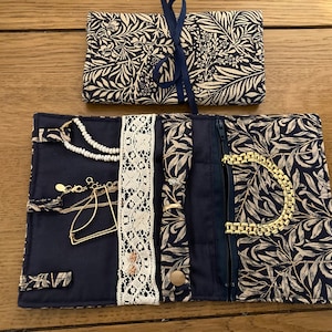 Jewellery travel roll -organiser made in William Morris fabric. Necklace storage pouch. gift