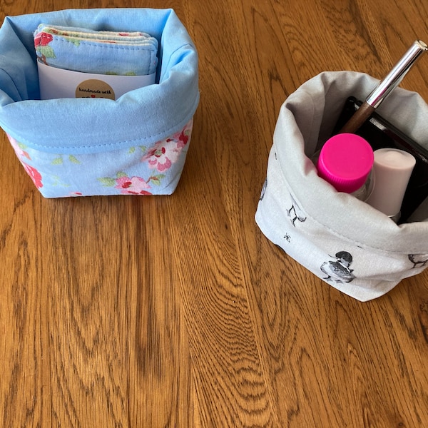 Mini storage bins. Handmade in cotton fabric in Duck, Rosali, floral denim or geometric prints