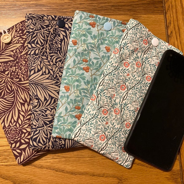 Padded fabric mobile phone case, Made in William Morris Larkspur, clover or bluebell design fabric. Soft phone pouch. Phone accessory.