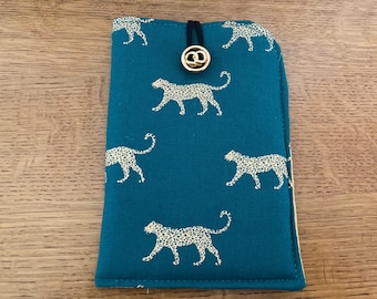 Gold Leopard padded fabric mobile phone case. Teal soft phone cover. Phone pouch. Phone accessory. Mobile cover.