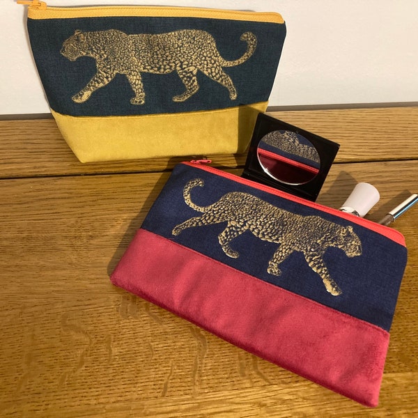 Metallic Leopard makeup bags in Blue, Orange or Teal fabric with a velvet trim. Boxed or small Handmade Cosmetic brush bag, sanitary pouch