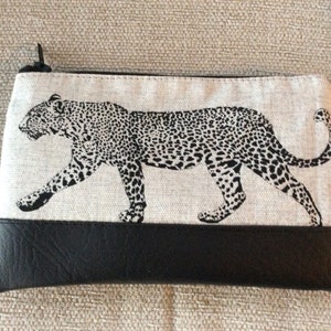 Leopard mini makeup bags with black faux leather or velvet trim. Handmade Small Cosmetic brush bag, Coin purse, sanitary pouch.