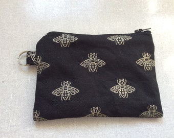Gold foil Bees fabric coin purse. Handmade in 100% cotton. kids purse. Mini makeup bag, sanitary pouch. Stocking filler