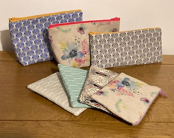 Trousse à maquillage ou mini-trousse à maquillage Art déco. Trousse à pinceaux florale, trousse à crayons, sac à masques porte-monnaie Fait main en coton aspect lin