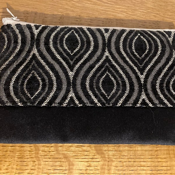 Art Deco Mini makeup bag made from black and beige fabric with black velvet trim. Small Handmade makeup bag. Coin purse or sanitary pouch