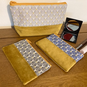 Trousse à maquillage ou mini-trousse à maquillage Art déco avec bordure en velours doré. Trousse à pinceaux, Étui à crayons, Porte-monnaie, Fait main en coton aspect lin