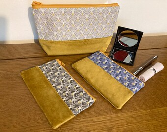 Trousse à maquillage ou mini-trousse à maquillage Art déco avec bordure en velours doré. Trousse à pinceaux, Étui à crayons, Porte-monnaie, Fait main en coton aspect lin