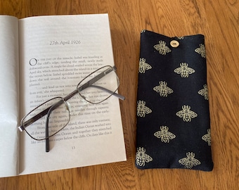 Gold foil bees padded reading glasses case or sunglasses zip pouch. Bee print specs or phone case. Handmade in linen look cotton.