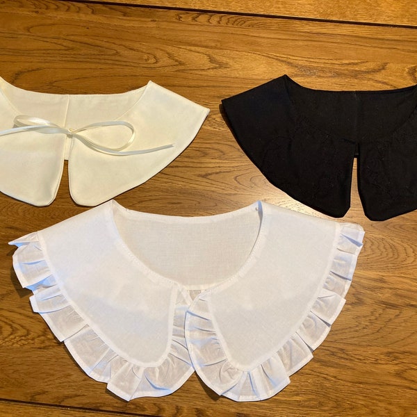 Detachable and reversible collars. Removable fashion collar Bib. Wedding collar. Peter Pan collar. Available in black white or cream.