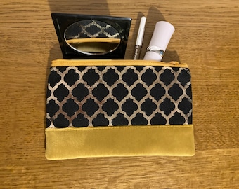 Art Deco Mini makeup bag with black or gold velvet trim. Small Handmade Metallic gold geometric fabric Coin purse or sanitary pouch