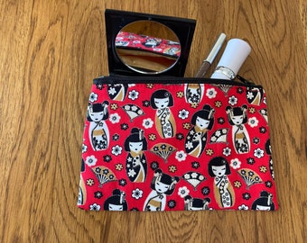 Geisha doll mini makeup bag with Russian doll print fabric. Small Handmade Cosmetic brush bag, Coin purse, sanitary pouch.