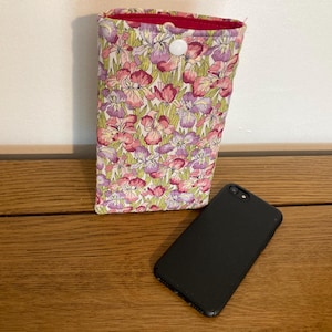Padded fabric mobile phone case, Made in Liberty Iris Muriel design fabric. Soft phone pouch. Phone accessory.