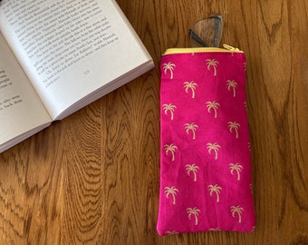 Metallic gold palm trees padded reading glasses case or sunglasses zip pouch. Handmade specs or phone case in hot pink cotton fabric.