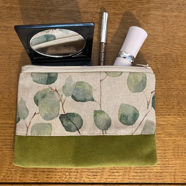 Watercolour leaves mini makeup bag with velvet trim. Eucalyptus leaf print Cosmetic bag, sanitary pouch. Handmade in linen look cotton.