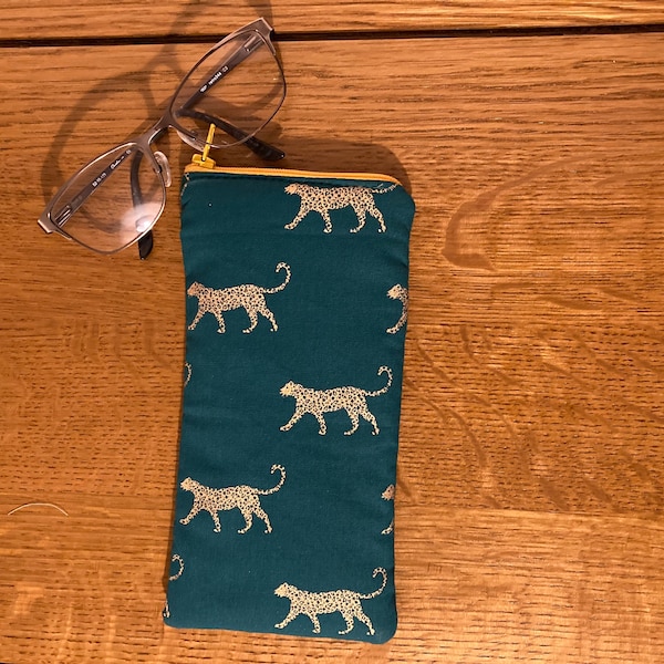 Metallic gold leopard padded reading glasses case or sunglasses zip pouch. Handmade spectacles or phone case in teal cotton fabric.