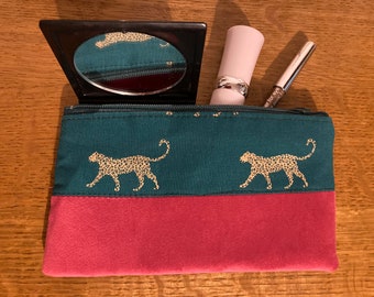 Gold leopard design Mini Makeup bag with velvet trim. Handmade coin purse. Sanitary pouch made in 100% cotton.