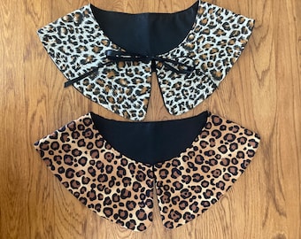 Detachable and reversible leopard print and black collar, Bib. Removable fashion collar. Evening collar,  Wedding collar. Peter Pan collar.