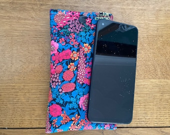 Padded fabric mobile phone case, Made in Liberty Ciara C design fabric. Soft phone pouch. Phone accessory.